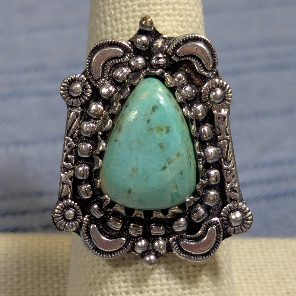 African Turquoise Ring Size 7.5 Sterling Overlay